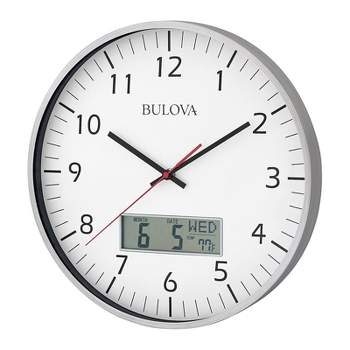 Bulova Clocks C4810 Indoor 14 Inch Manager Modern Digital Decorative Glass Hanging Wall Clock, Silver