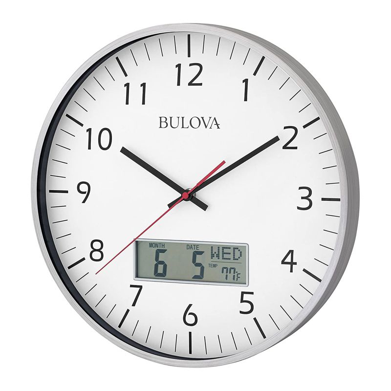 Bulova Clocks C4810 Indoor 14 Inch Manager Modern Digital Decorative Glass Hanging Wall Clock, Silver, 1 of 3