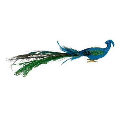 Northlight 15.25" Blue and Green Glittered Peacock Clip On Christmas Ornament