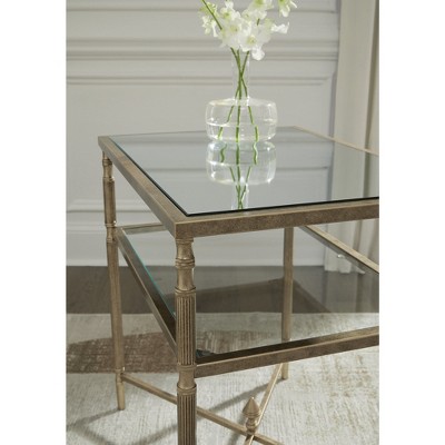 Gold Rectangular Glass and Metal End Table with Mirror Shelf