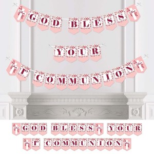 Big Dot of Happiness First Communion Pink Elegant Cross - Girl Religious Party Bunting Banner - Party Decorations - God Bless Your 1st Communion - 1 of 4