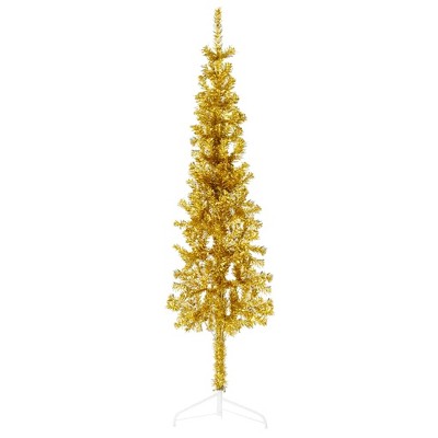 vidaXL 5 ft Slim Artificial Half Christmas Tree - Space-Saving, Economical, Easy Assembly, Lifelike Gold PVC Material, with Stand