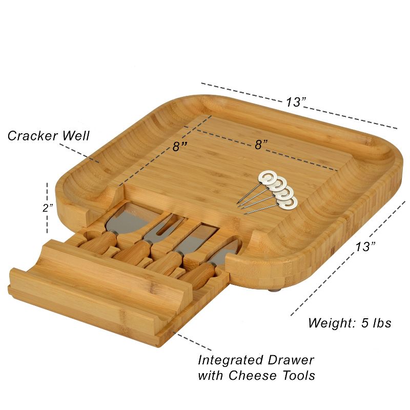 Picnic at Ascot - Bamboo Cheese Board with Cracker Groove & Integrated Drawer w/Cheese Serving Set & Markers, 2 of 5