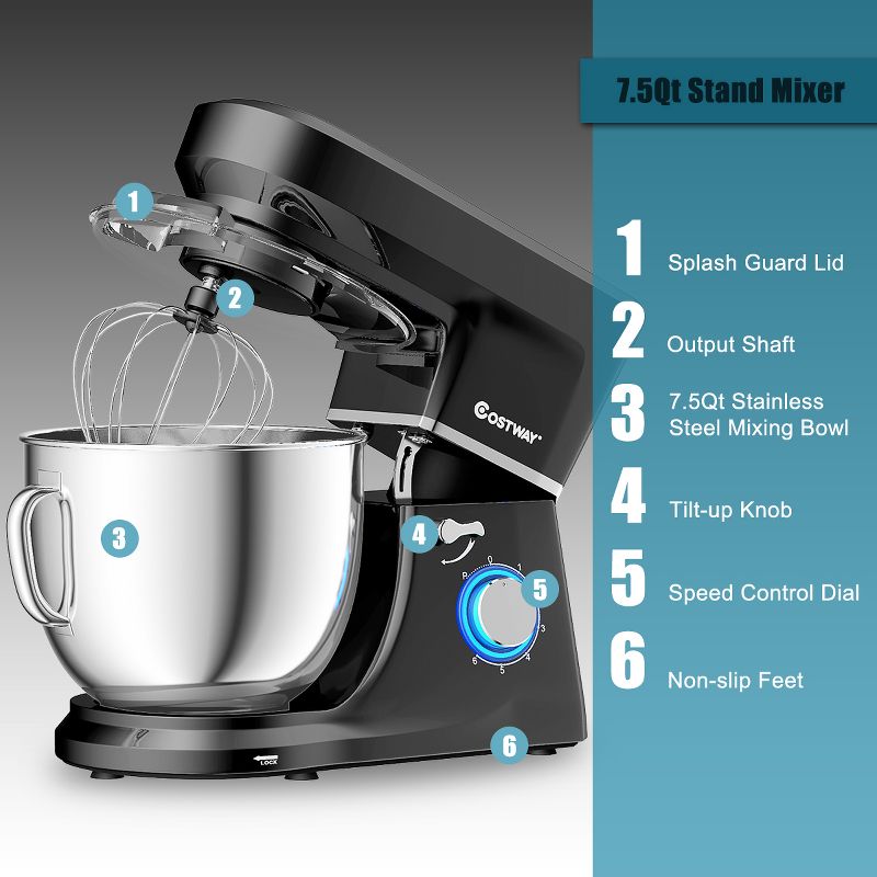 Tilt-Head Stand Mixer 7.5 Qt 6 Speed 660W with Dough Hook, Whisk & Beater, 5 of 11