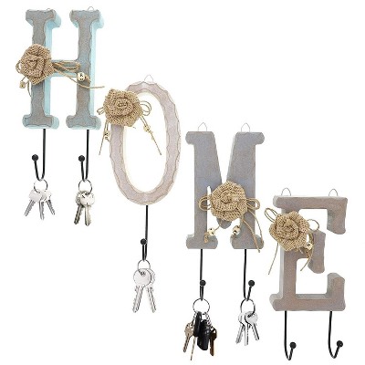 Juvale 4-Piece “HOME” Wood Letters Key Holder Wall Mount Hooks Floral Style Wall Decor with 7 Pegs, 10” Tall