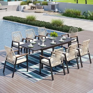 Captiva Designs 9pc Outdoor Patio Rectangle Black Metal Table & Beige Rattan Cushioned Chairs - 1 of 4
