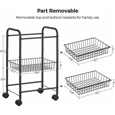 Black 3-Tier Metal Rolling Storage Cart with Removable Baskets