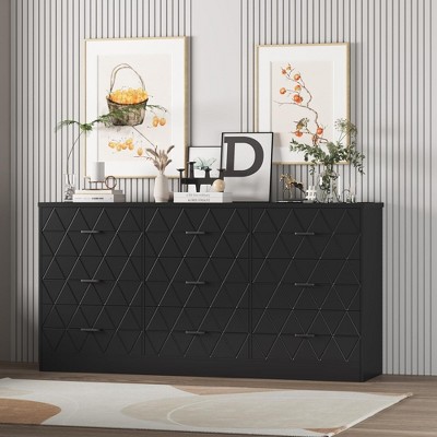 9 Drawer Wooden Dresser for Bedroom With Power Outlet, 63'' Large Dresser With Wide Drawers