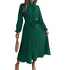 Women Pleated Dress Long Sleeve Stand Up Collar With Belt A-Line Flowing Dress - 2 of 4