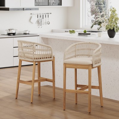 Set of 2 Acacia Wood Bar Stools,Indoor Rope Woven Bar Stools with Cushions and Teak Finish,Bar Stools for Kitchen Island or Bar-Coolbibila