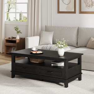 47.2" Modern Coffee Table, Farmhouse Wood Storage Table with Drawers and Open Shelf, Easy Assembly Center Table for Living Room, Balcony, Parlor - 1 of 4