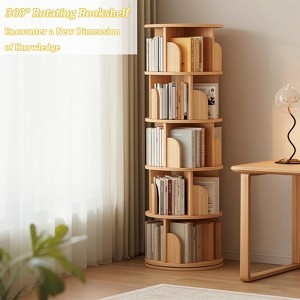 ORRD 5-Tier 360° Rotating Bookshelf, Spinning Display Stand for Small Spaces, Space-Saving Storage Tower, Wood Finish - 1 of 4