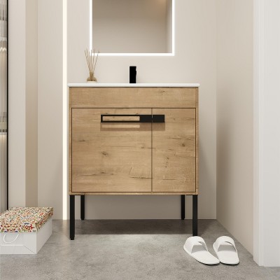 Freestanding Bathroom Vanity with Ceramic Sink, Dual-Purpose Wall-Mounted/Floor-Standing Design, Adjustable Shelf