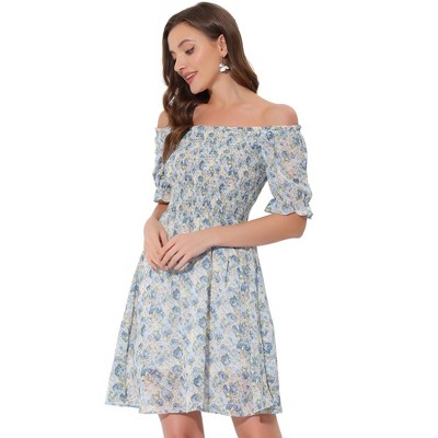 Allegra K Women's Square Neck Summer Short Sleeve Floral Smocked Dress