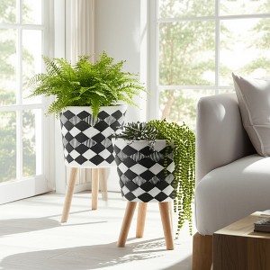 Set of 2 Planters with Stands - Modern Resin & Magnesia Pots with Wood Legs - Decorative Indoor & Outdoor Plant Containers for Home & Garden - 1 of 4