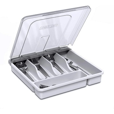 LunaLulinlk Utensil Holder with Lid, Plastic Silverware Tray for Kitchen Drawer Organizer, 5 Compartments, Flatware Organizer, Tableware Storage