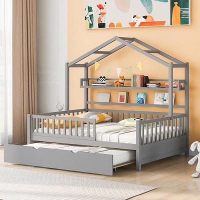 Classic Twin/Full Size Wood House Bed with Twin Trundle Bed, Guardrails and Shelves 4N - ModernLuxe