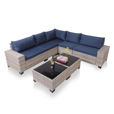 Maggift 7-Piece Patio Seating Set, All-Weather Wicker Rattan Sectional Sofa with Two Side Tables for Poolside, Patio, Blue, 41.3" * 28.3" * 29.3"