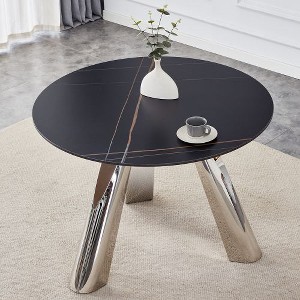 CENGHU Marble Grained Stone Round Dining Table, 42" Stainless Steel Leg Dining Table for 4-6 Pepole, 3-legged Coffee Table for Dining Room, Office - 1 of 4