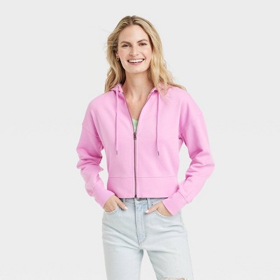 Women's Cropped Hooded Zip-Up Sweatshirt - Universal Thread™ Pink XL