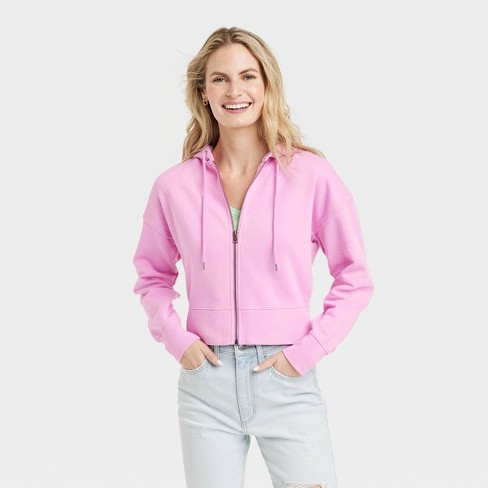 Women s Cropped Hooded Zip Up Sweatshirt Universal Thread Pink S