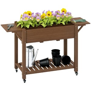 Outsunny Raised Garden Bed, Wood Elevated Planter Box with Lockable Wheels, Side Tables, Bottom Shelf, Bed Liner and Drainage Holes - 1 of 4