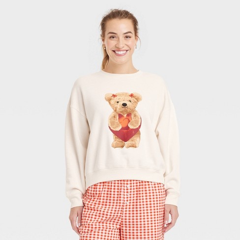 Women's Teddy Bear Heart Graphic Sweatshirt - Off-White - image 1 of 3