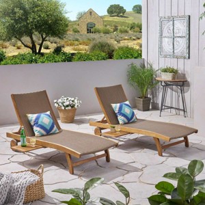 Acacia Wood Chaise Lounge Set of 2,Chaise Lounge with Pull-Out Tray and Adjustable Backrest for Patio,Outdoor Chaise Lounge with Wheels-Koiai - 1 of 4