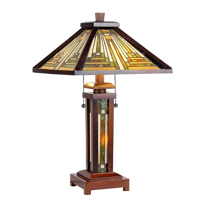 Chloe Lighting Innes Tiffany-Style 3 Light Mission Double Lit Wooden Table Lamp 15" Shade