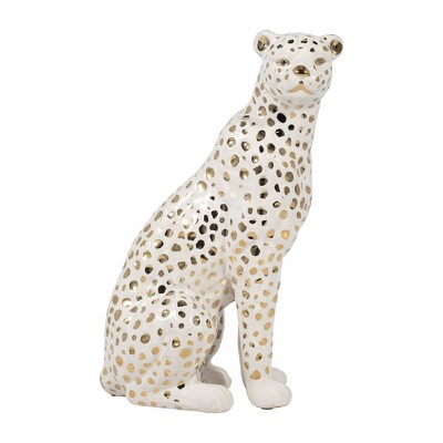 Sagebrook Home 11" Sitting Leopard Sculpture - Contemporary Glam Ceramic White and Gold Decorative Leopard Figurine - Animal Home or Office Decor