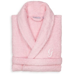 Linum Home Textiles 100% Turkish Cotton Unisex Personalized Terry Bathrobe Pink in White Script Font - 1 of 2