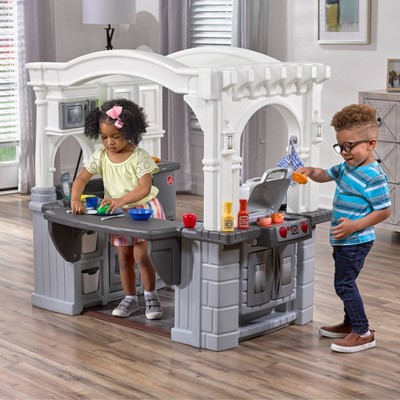 Grand Walk-In Classic White and Gray Play Kitchen with Grill