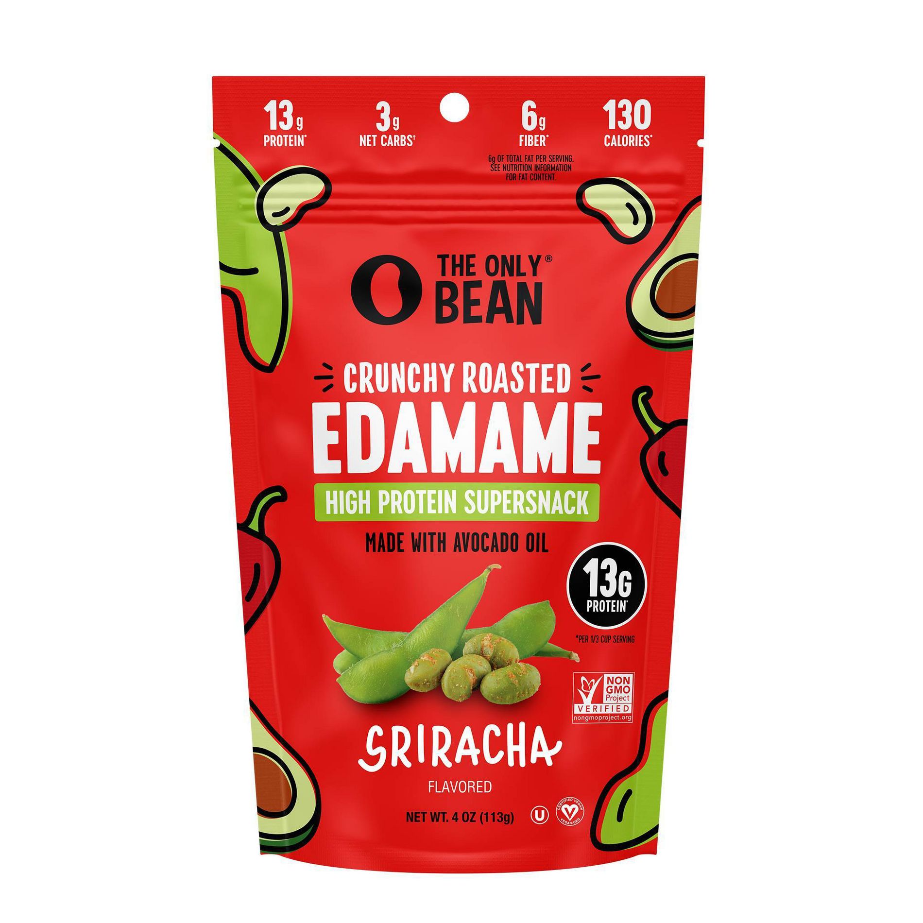 The Only Bean Crunchy Roasted Edamame High Protein Avocado Oil Siracha Super Snacks - 4oz