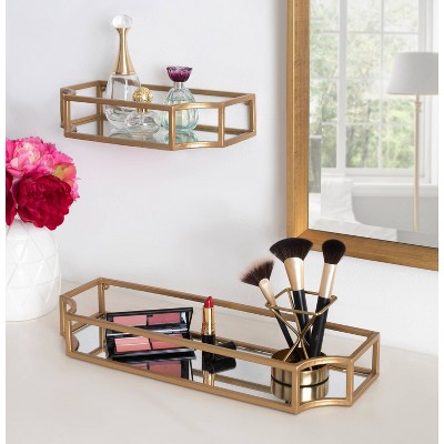 Elegant Gold Metal Geometric Wall Shelf Set, 2 Pieces