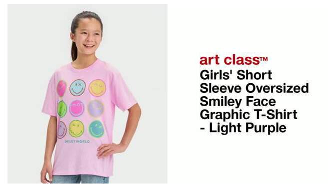 Girls' Short Sleeve Oversized Smiley Face Graphic T-Shirt - art class™ Light Purple, 2 of 5, play video