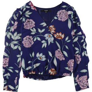 GUESS Womens Eliza Surplice Floral Kimono Top Blouse, Blue, Small - 1 of 1