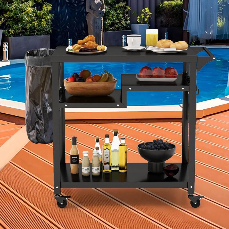 Costway Rolling Grill Cart 3-Shelf BBQ Table Pizza Oven Stand with Trash Bag Holder & Hooks, 5 of 11