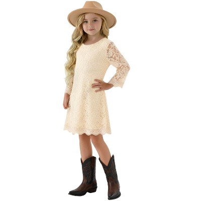 2Bunnies Girls' Boho Floral Lace Scalloped Hem Dress