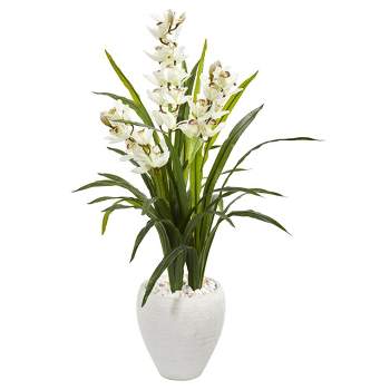 Nearly Natural 4-ft Cymbidium Orchid Artificial Plant in White Planter