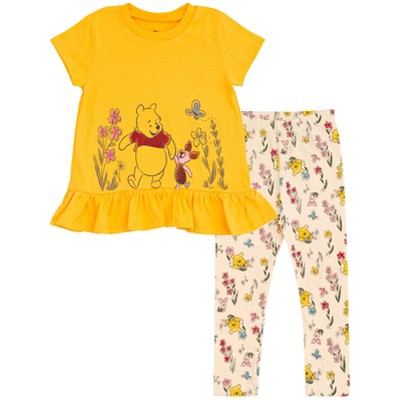 Disney Piglet Winnie the Pooh Newborn Baby Girls T-Shirt and Leggings Outfit Set Floral Yellow / Pink 3-6 Months