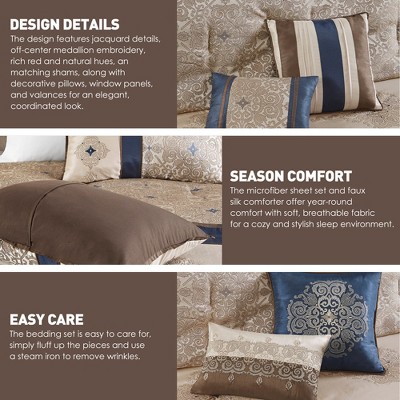 Regency Heights 24 Pcs RIAB Faux Silk Luxury Bedding Set, Classic Palace Style Medallion Jacquard Premium Bed Set with Pillows, Bedskirt and Valances, Navy, Queen — фото 6