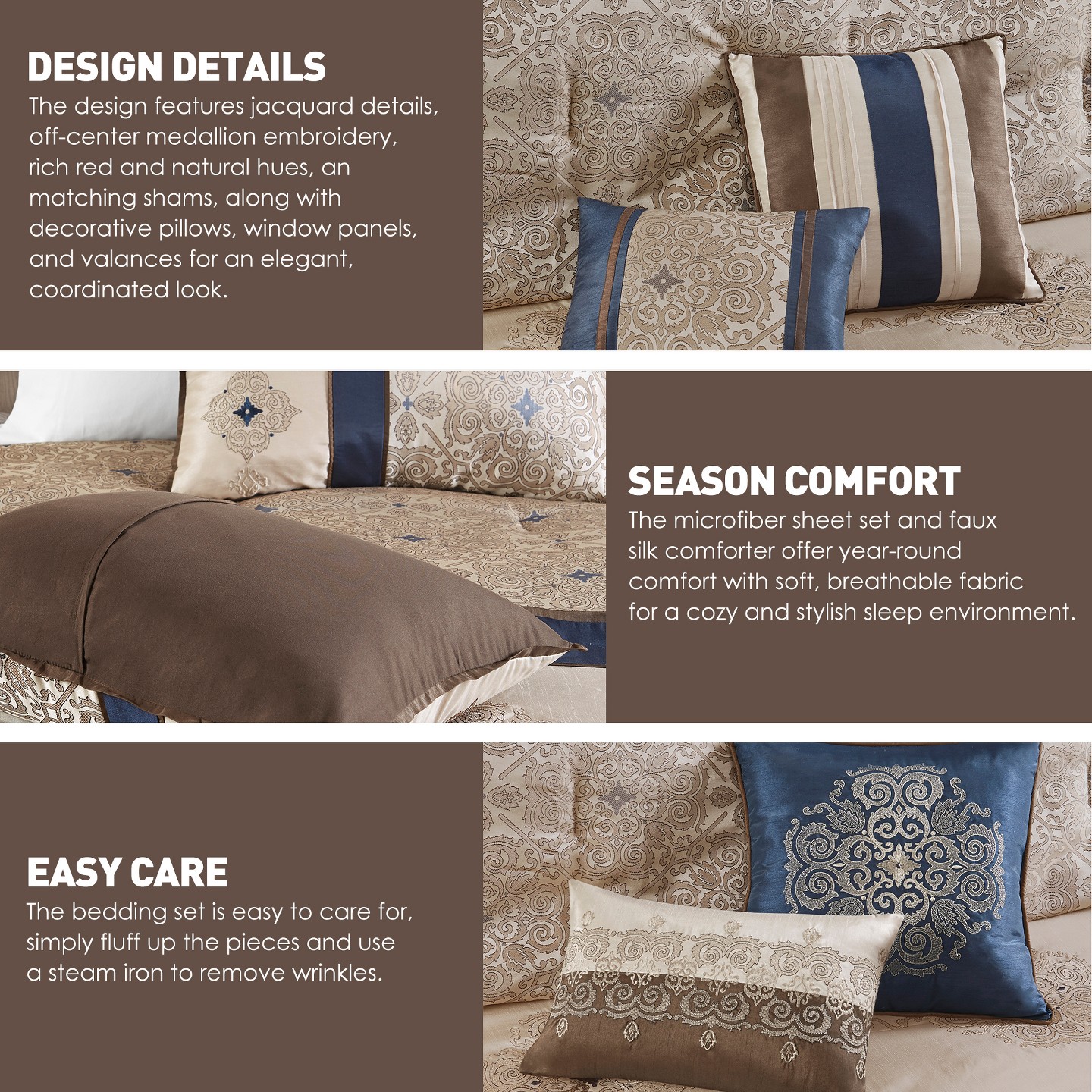 Постельное бельё Regency Heights 24 Pcs Riab Faux Silk Luxury Bedding Set, Classic Palace Style Medallion Jacquard Premium Bed Set with Pillows, Bedskirt and Valances, Navy, цвет: Тёмно-синий — фото 6