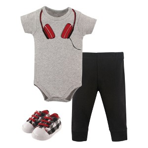 Little Treasure Baby Boy Cotton Bodysuit, Pant and Shoe 3pc Set, Headphones - 1 of 1