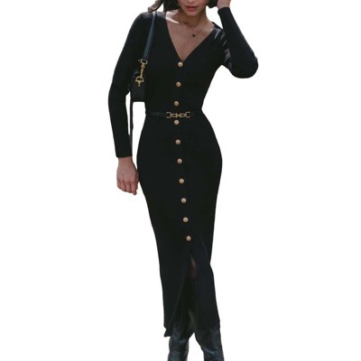 Coolmee Women's V-Neck Sweater Dress Button Down Long Sleeve Bodycon Elegant Knit Long Dresses