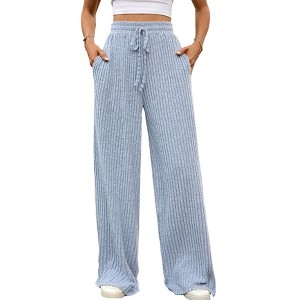 Womens Ribbed Wide Leg Lounge Pants with Pockets Casual Relaxed Comfy Loose Soft Knit Pajama Pants with Drawstring - 1 of 4