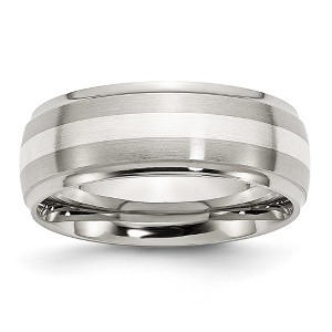 Black Bow Jewelry Mens 8mm Stainless Steel Sterling Silver Inlay Brushed Ridge Edge Band - 1 of 4