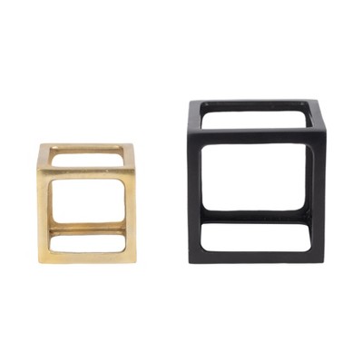 Decorative Objects Metal Wood Aluminum Modern Open Cube Design for Home Office Bedroom Living Room Display Accents Set of 2 - 7", 5" Black & Gold