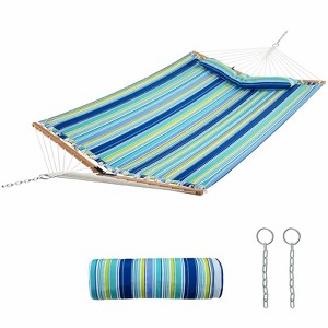 Tangkula Portable Hammock W/ Spreader Bars & Detachable Pillow Quick Dry & Water Proof Material Woven Cotton Rope Blue + Green/Light Blue + Yellow - 1 of 4
