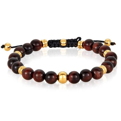 Crucible Men's Red Tiger Eye Stone and Gold Plated Steel Bead Adjustable Bracelet (8mm)