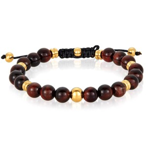 Crucible Men's Red Tiger Eye Stone and Gold Plated Steel Bead Adjustable Bracelet (8mm) - 1 of 4
